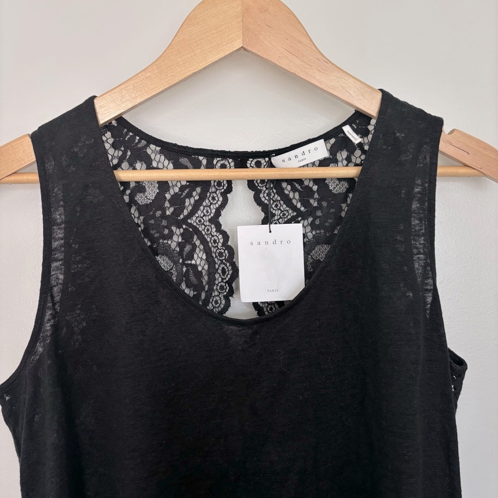 Sandro Paris Tango Lace Back Tank Top Noir Black Linen Blend T11239E Size 3 - Picture 3 of 10
